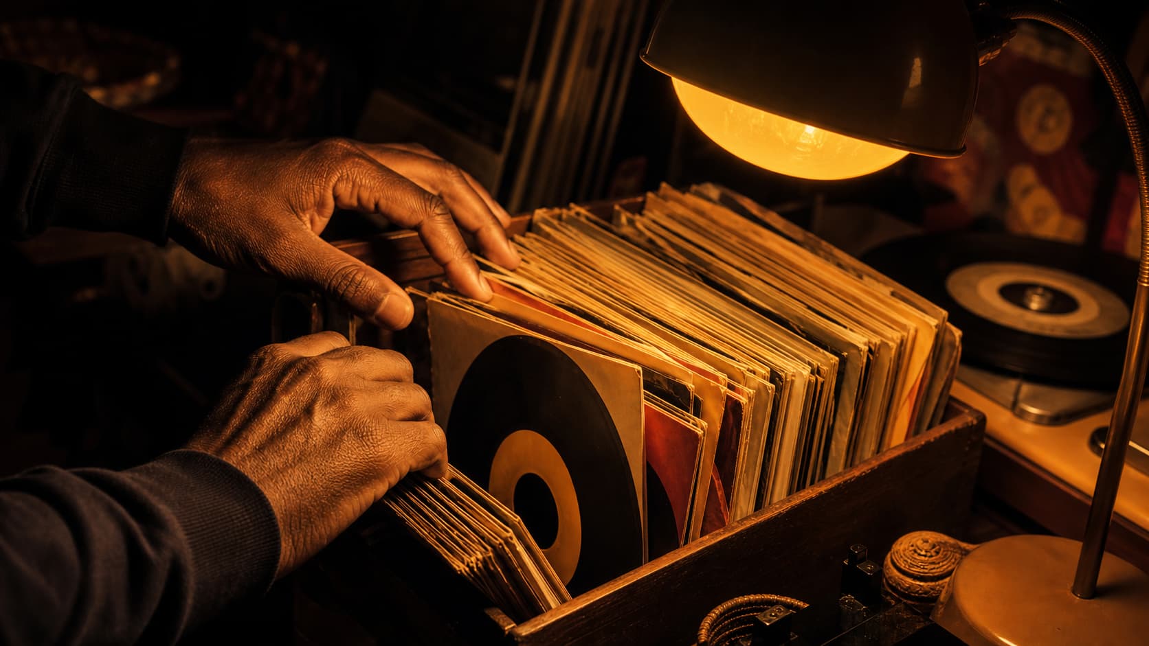 Mains fouillant dans un bac de vinyles 45 tours sous une lumière tamisée ambrée