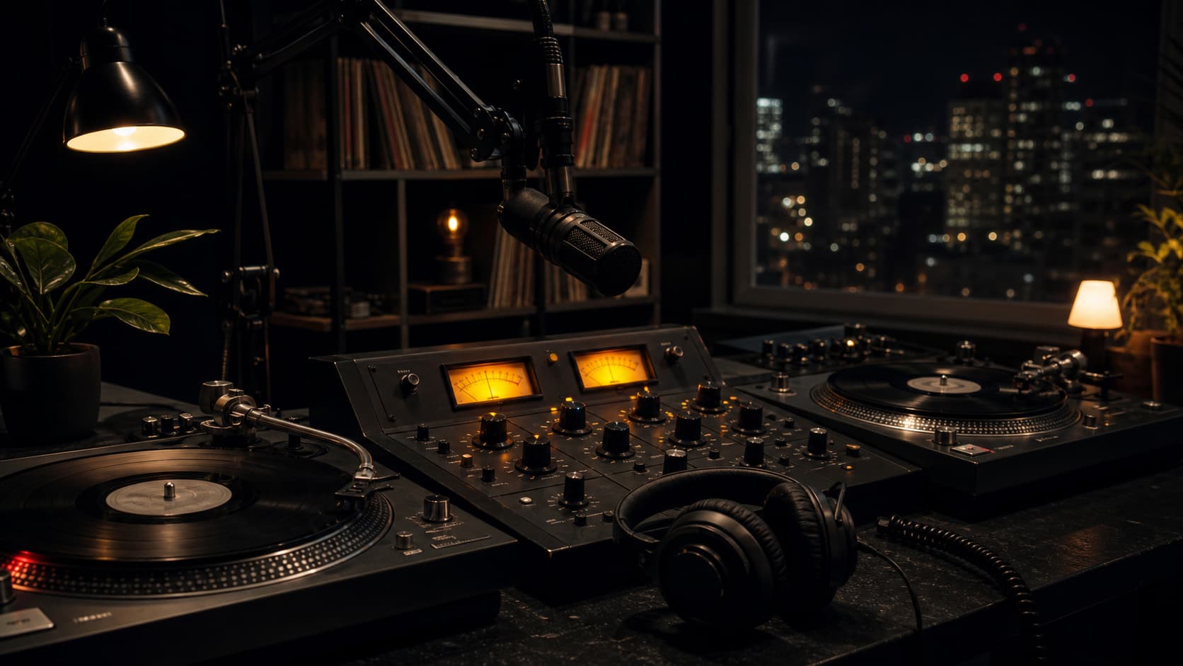 Platines vinyles et table de mixage analogique avec vu-mètres rétro ambrés