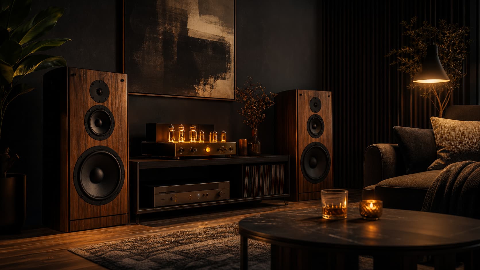 Amplificateur audiophile à lampes avec lueurs ambrées dans un salon moderne