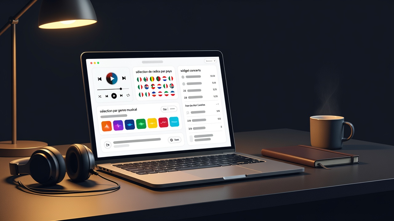 Aperçu des widgets GroovePick intégrés sur un site web : lecteur radio, sélection par pays et agenda concerts