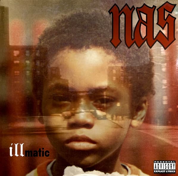 Pochette de l'album Illmatic de Nas, photo du visage enfant de Nas superposée sur le Queens, 1994