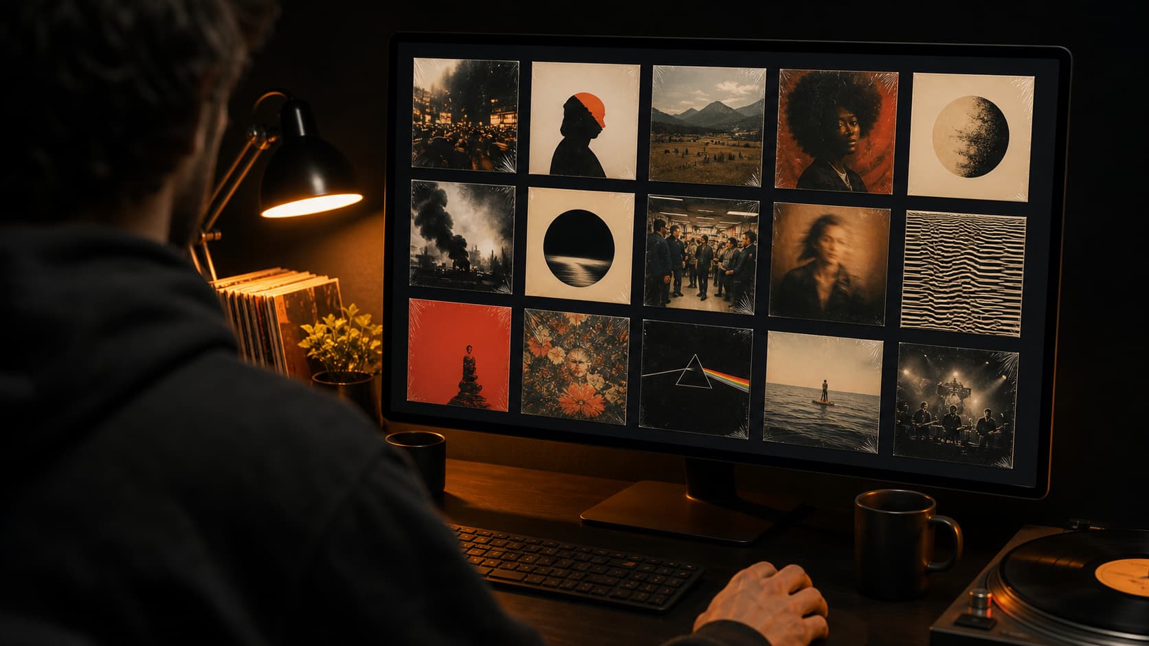 Mains tapant sur un clavier d'ordinateur avec une collection de vinyles en arrière-plan