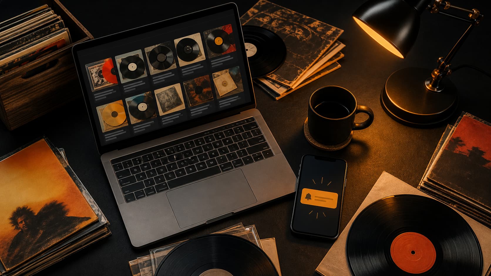 Vinyle avec une icône de notification ambrée symbolisant les alertes de la Wantlist