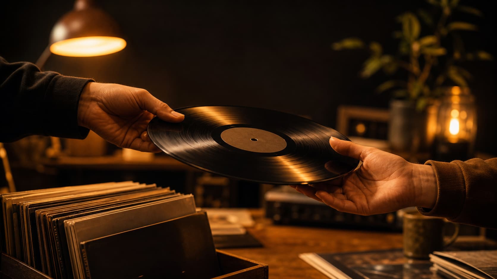Deux vinyles échangés sur une table sous lumière ambrée évoquant une négociation amicale