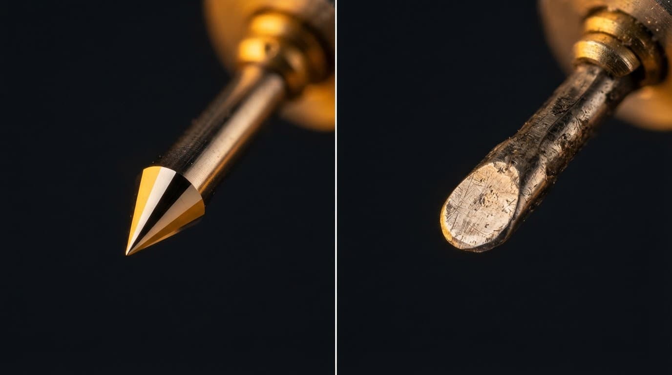 Comparaison macro entre un diamant neuf pointu et un diamant us&eacute; aplati