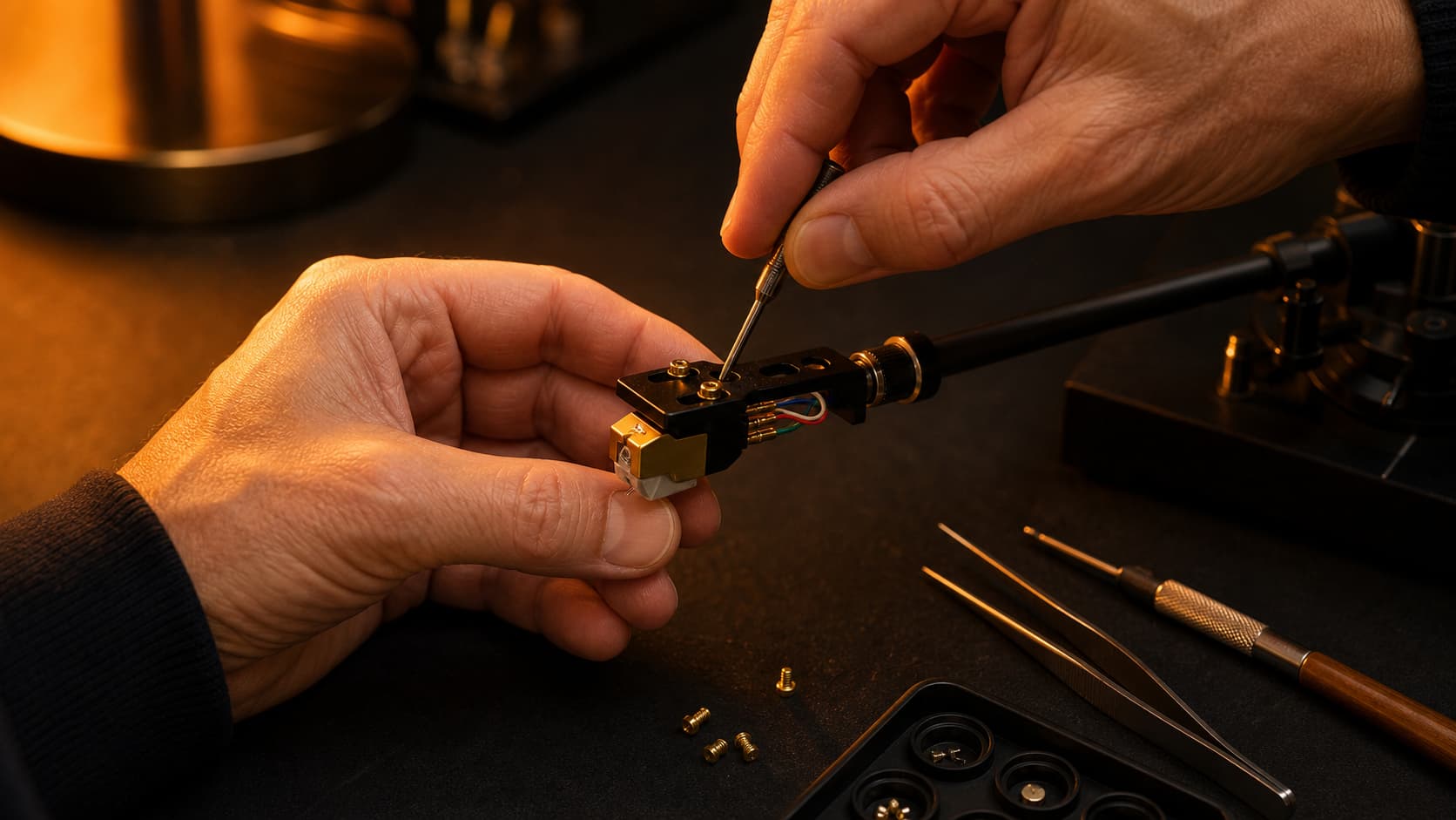 Mains installant une cellule phono sur un headshell de platine avec outils de pr&eacute;cision