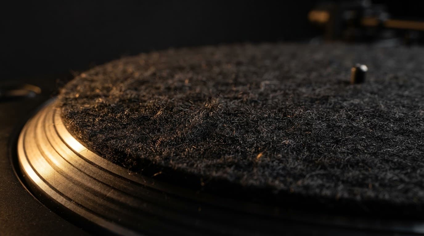 Macro d'un couvre-plateau en feutrine noire montrant la texture des fibres