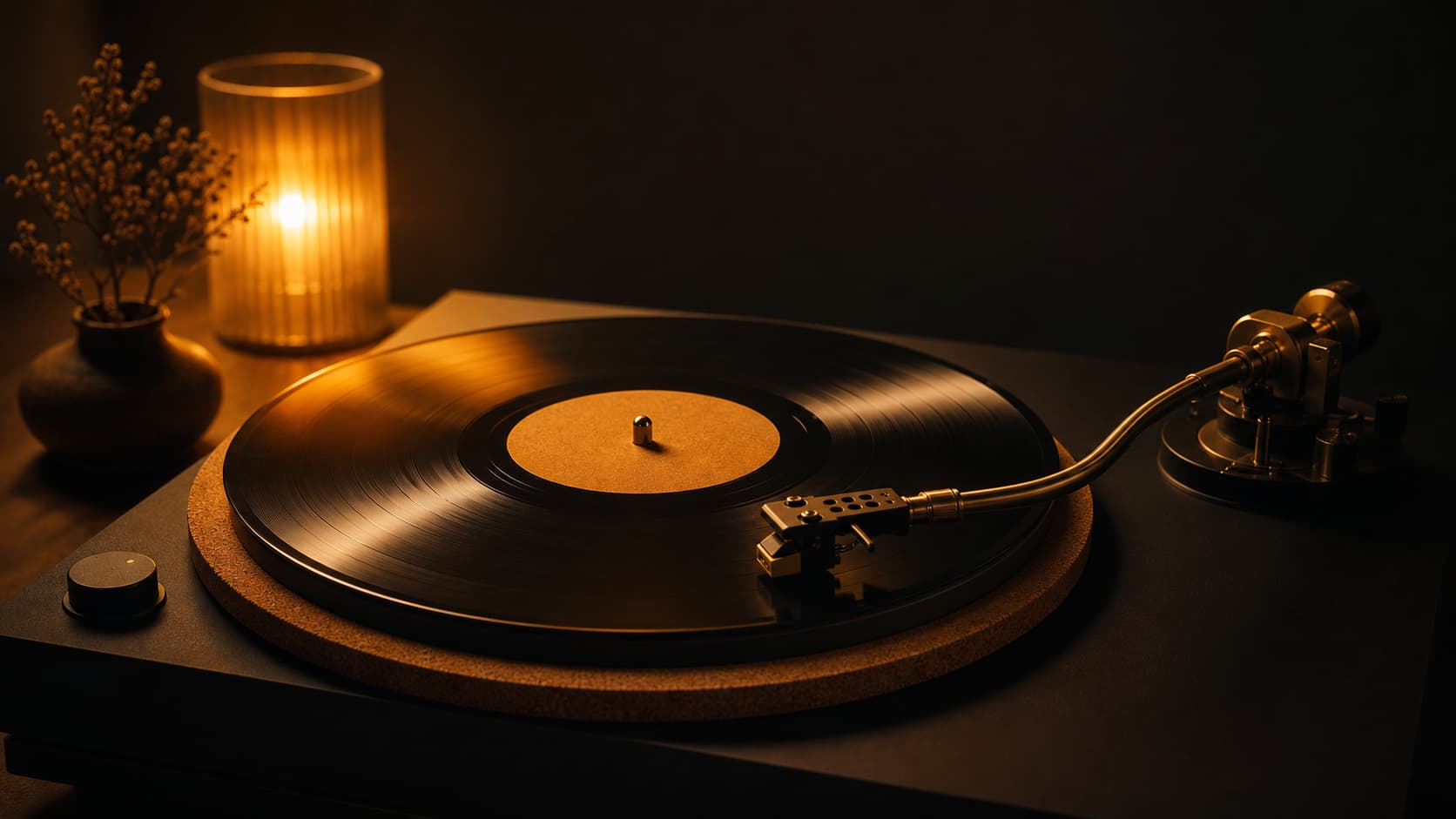 Vinyle pos&eacute; sur un couvre-plateau en li&egrave;ge sur une platine avec bras de lecture