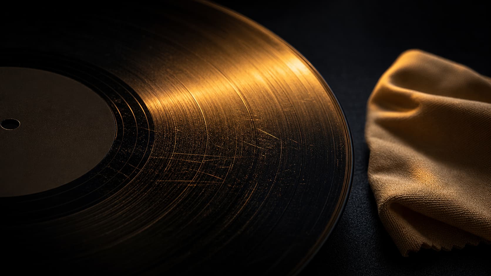 Vinyle inspecté sous une lumière rasante ambrée révélant micro-rayures et texture des sillons