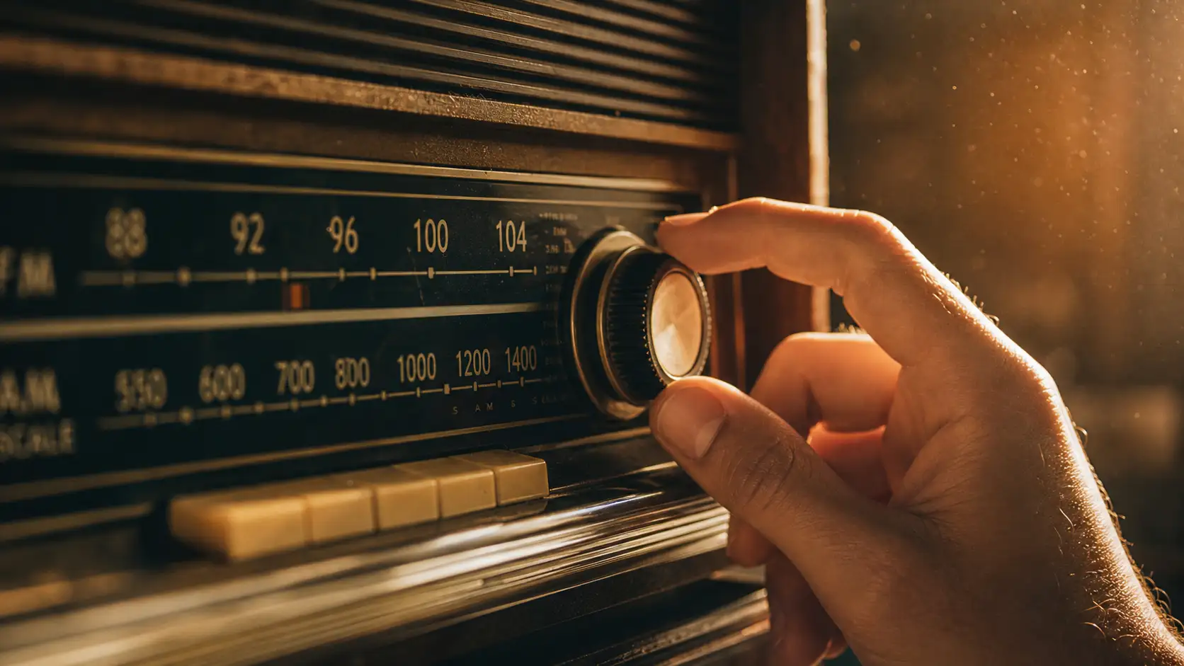 Main ajustant le bouton de fréquence d'une radio analogique dans une ambiance dorée