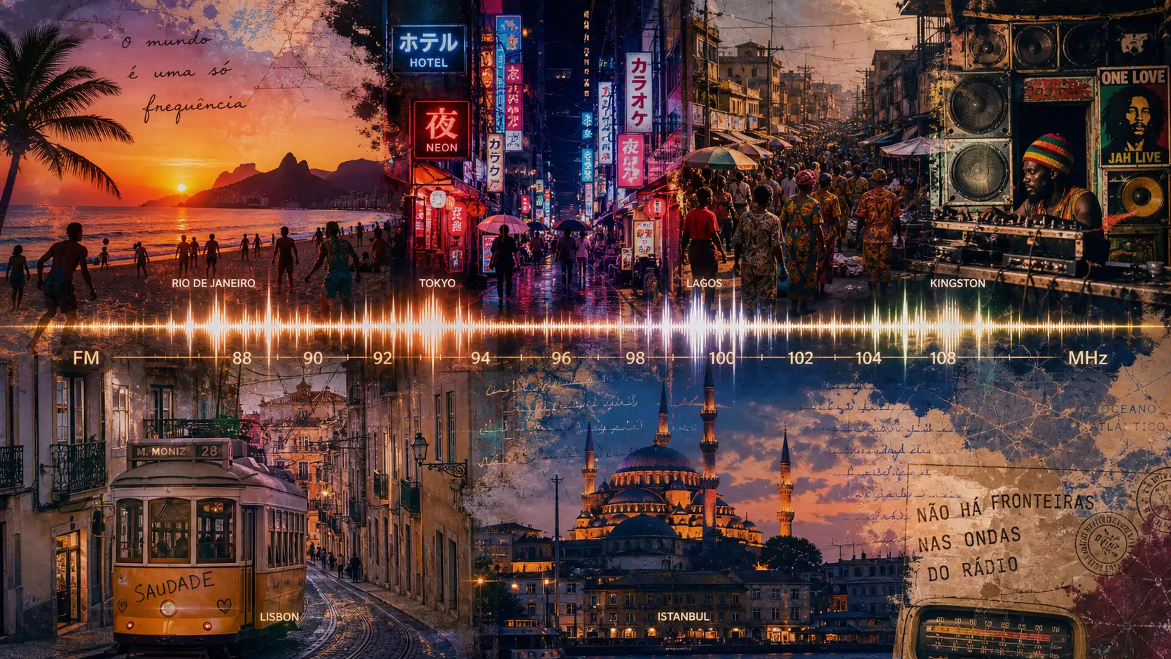 Composition artistique évoquant le voyage sonore à travers plusieurs cultures musicales
