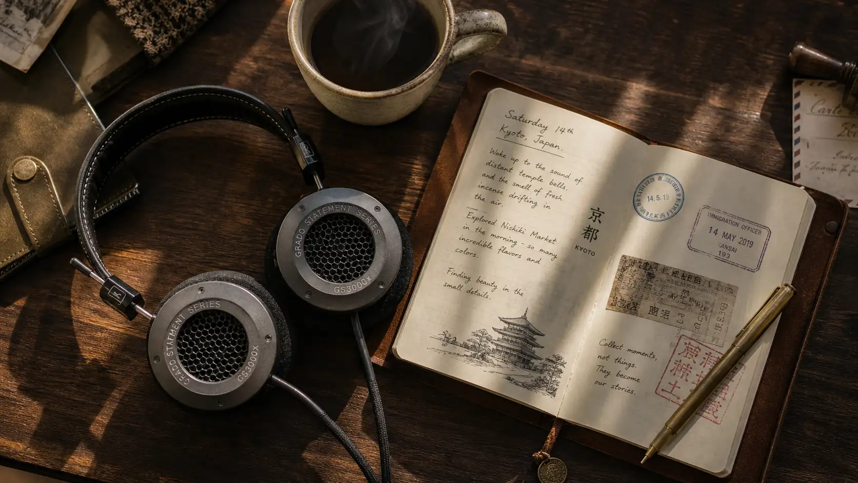 Casque audio posé à côté d'un carnet de voyage et d'une tasse de café