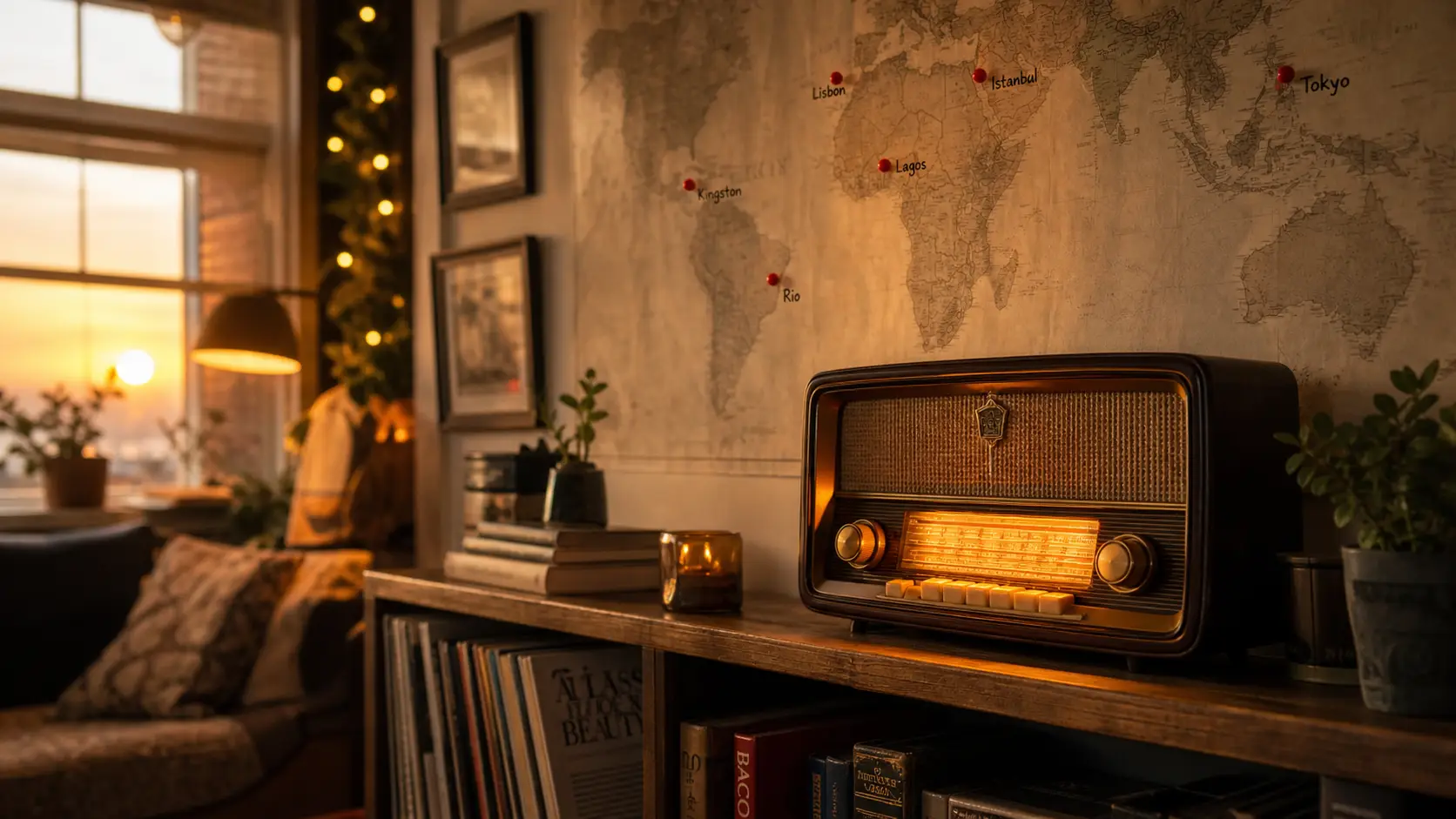 Poste de radio vintage en bois sur une étagère avec une carte du monde en arrière-plan éclairée d'une lumière ambrée