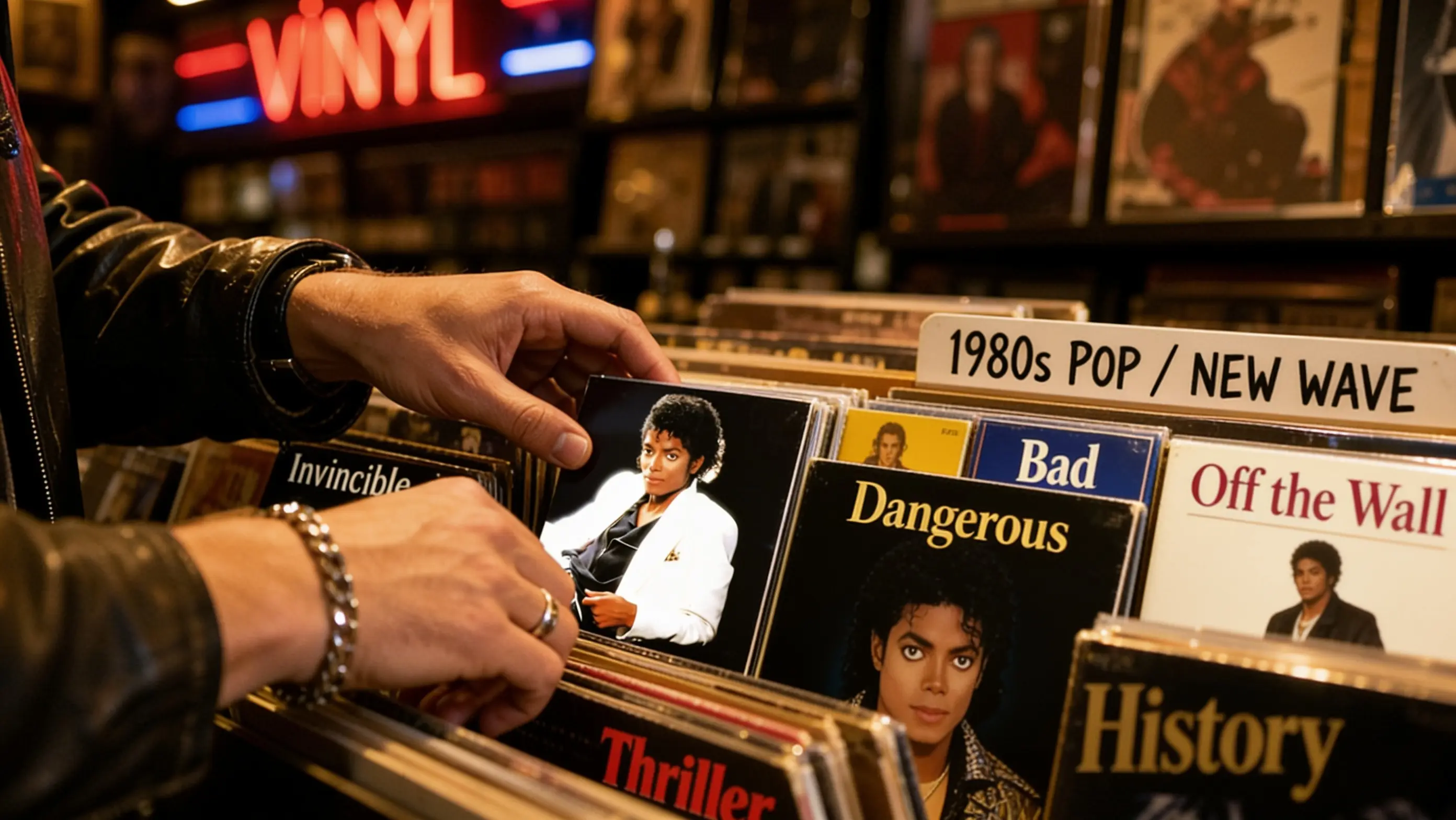 Bac de disquaire rempli de vinyles de pop et funk sous éclairage ambré