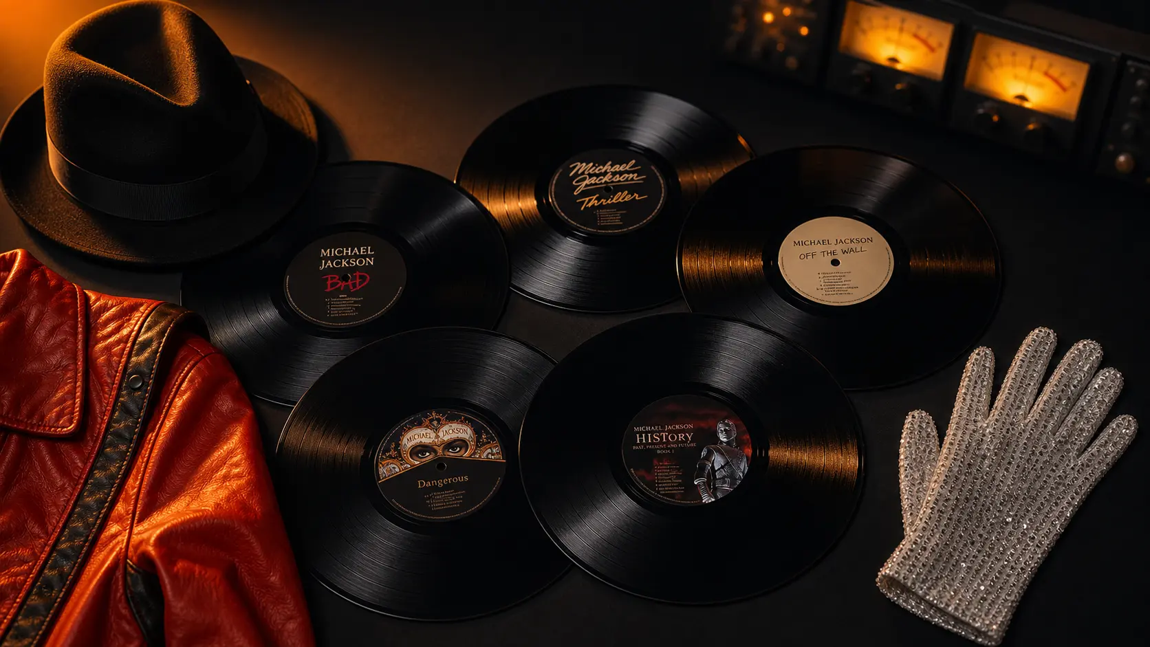 Cinq vinyles de Michael Jackson étalés sur fond anthracite sous éclairage ambré