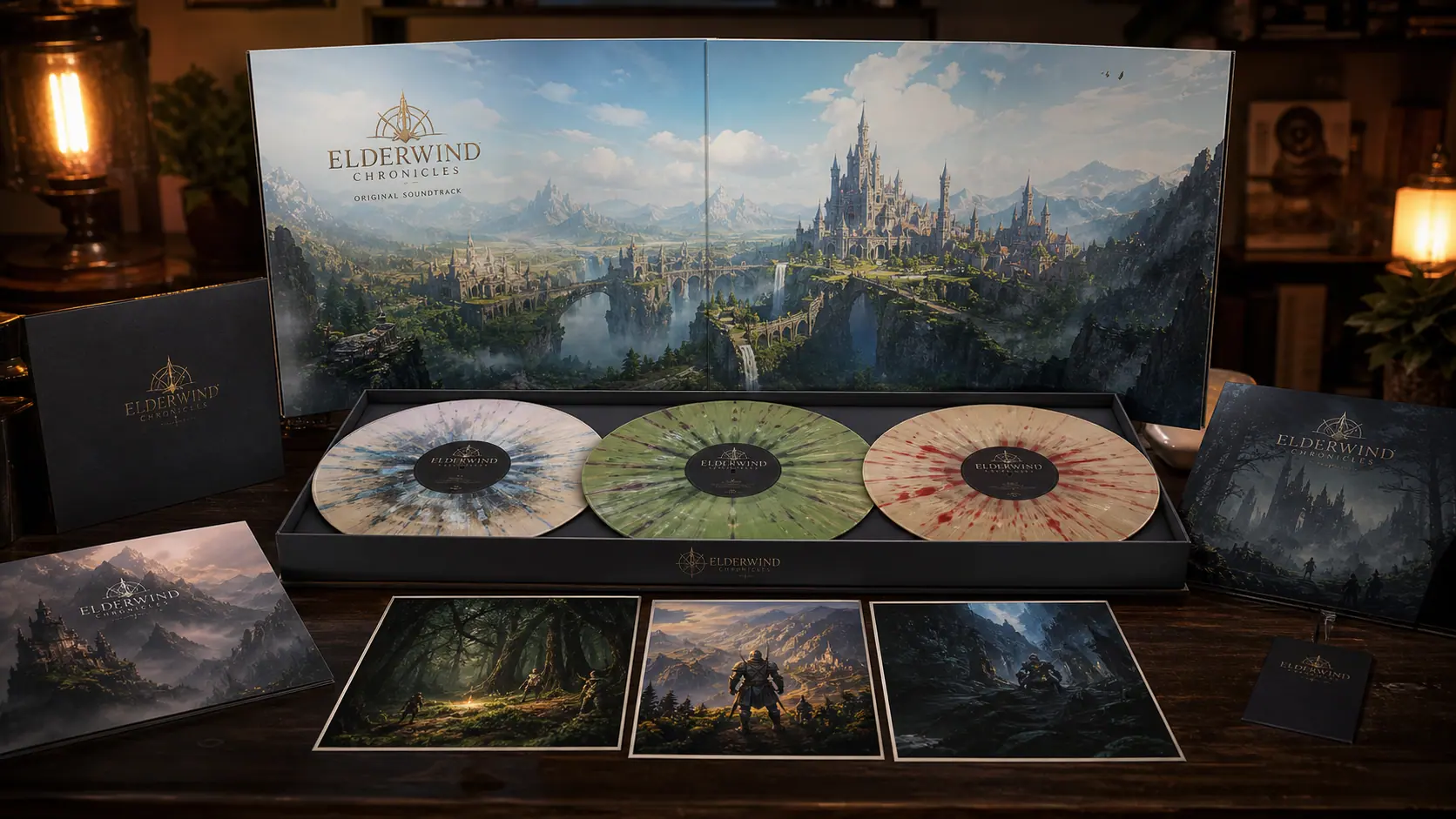 Coffret vinyle collector ouvert révélant des illustrations somptueuses et des galettes marbrées