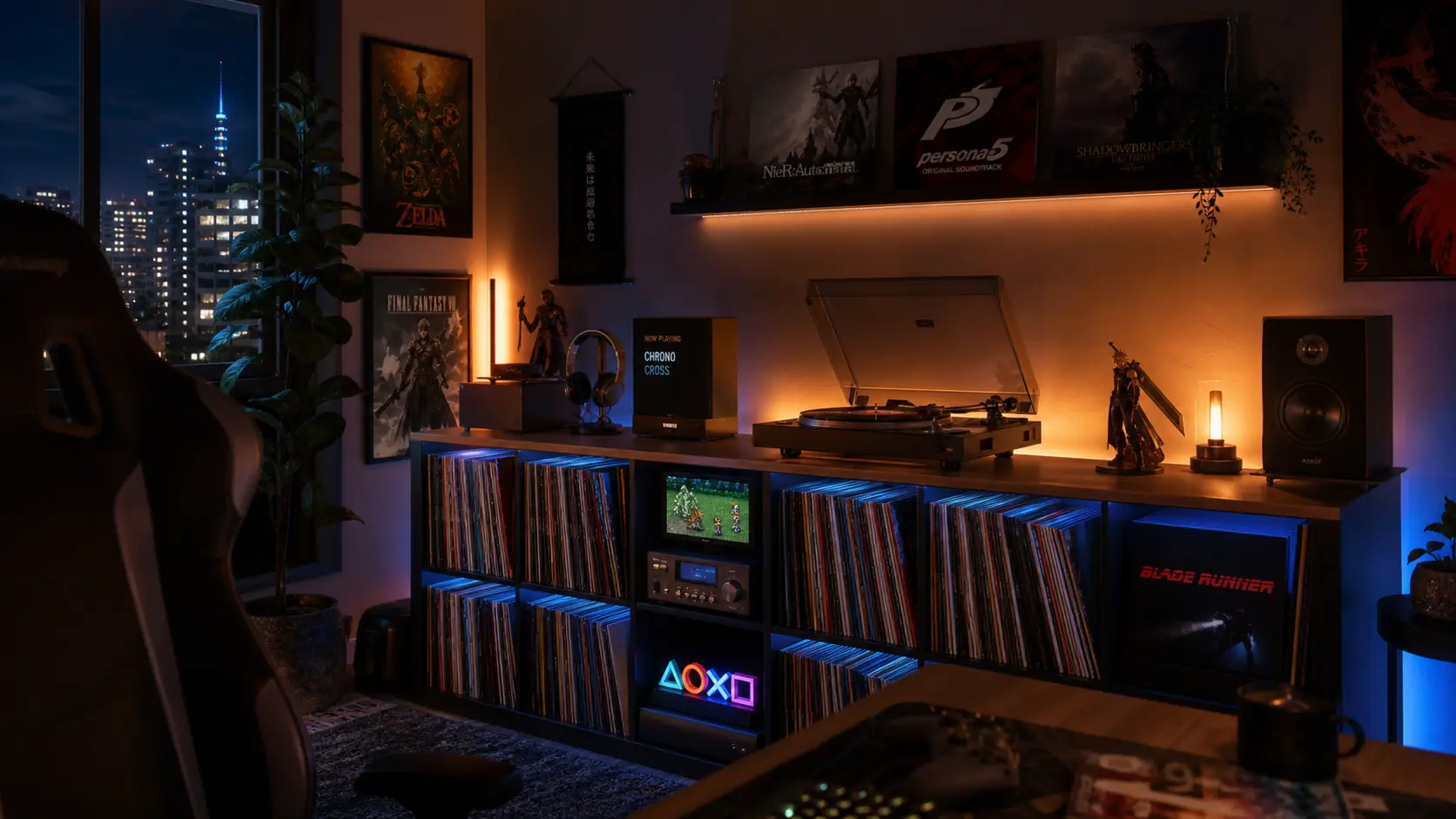 Collection de vinyles de jeux vidéo rangés sur une étagère éclairée par des leds ambrées