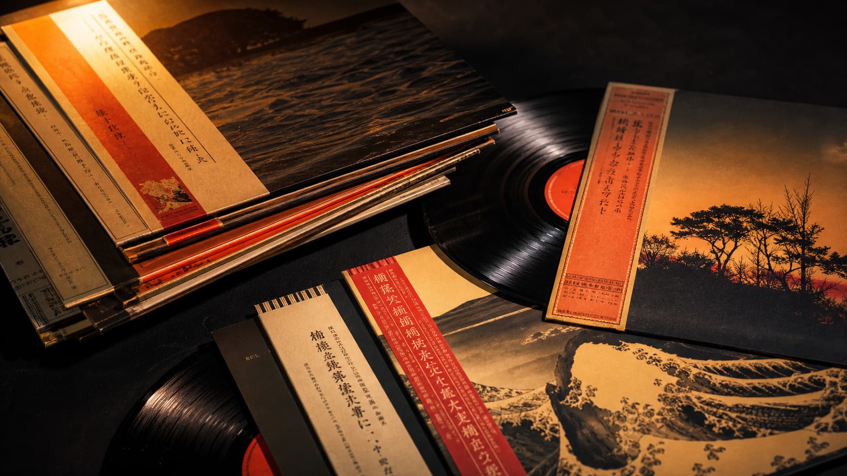 Collection de vinyles japonais avec leurs OBI strips colorés, rangés sur une étagère en bois sous une lumière ambrée