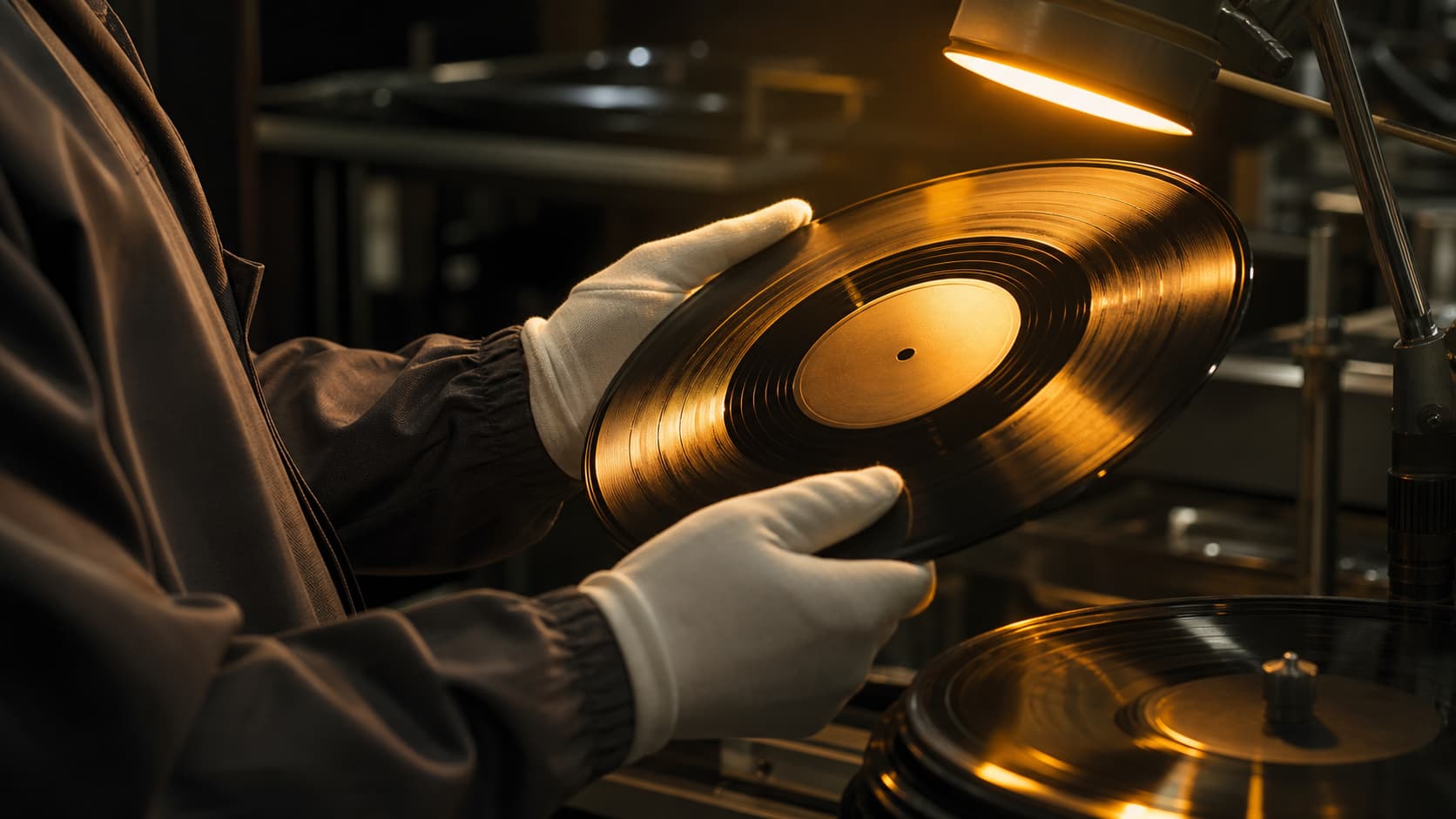Usine de pressage vinyle japonaise avec des machines de contrôle qualité et des piles de disques inspectés