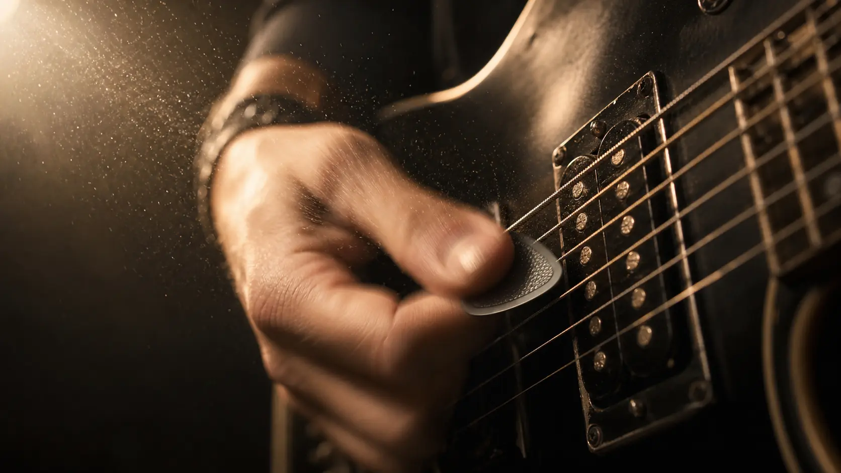 Main de guitariste attaquant les cordes avec la partie texturée d'un médiator