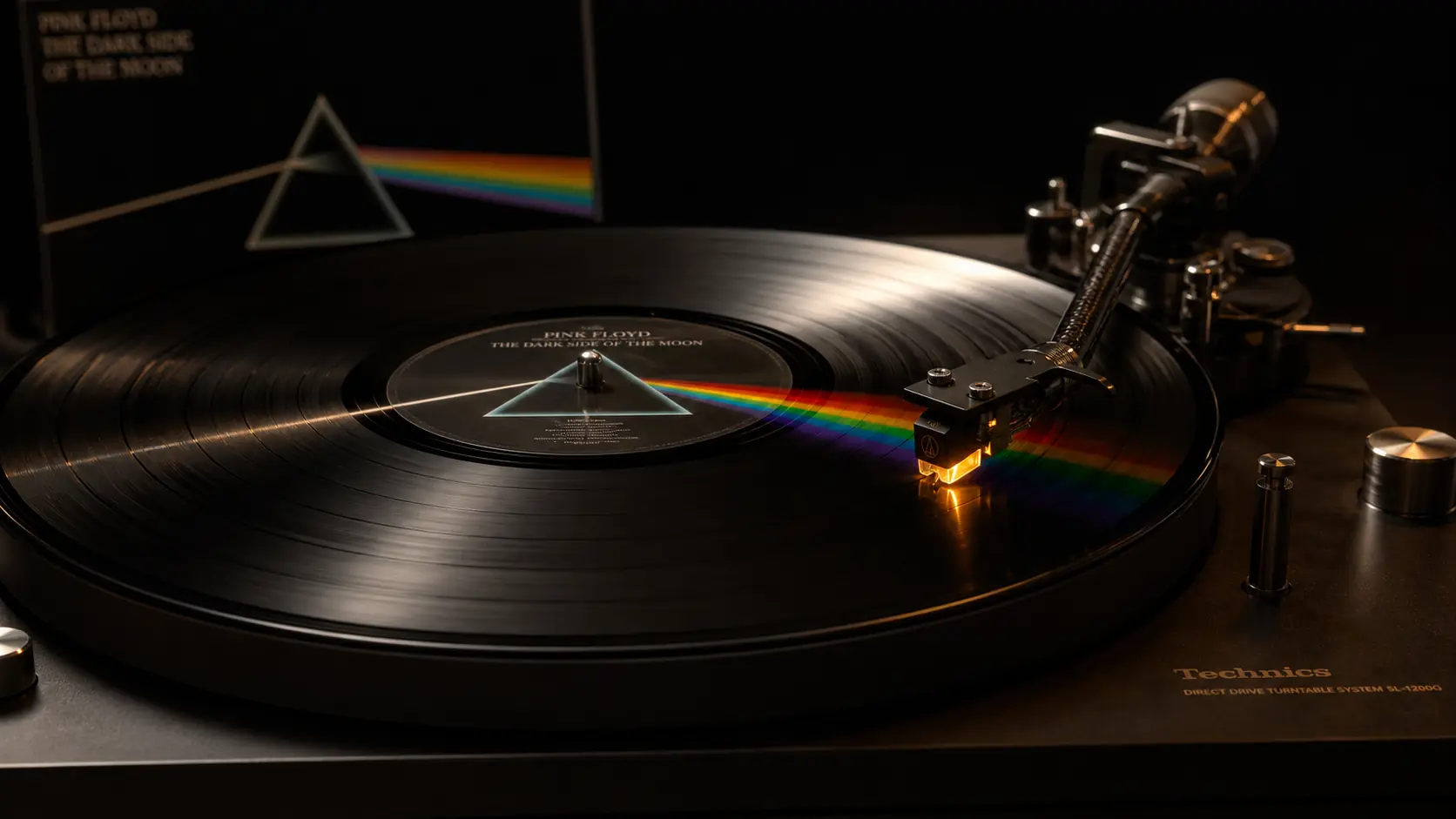 Disque vinyle de Dark Side of the Moon tournant sur une platine haut de gamme