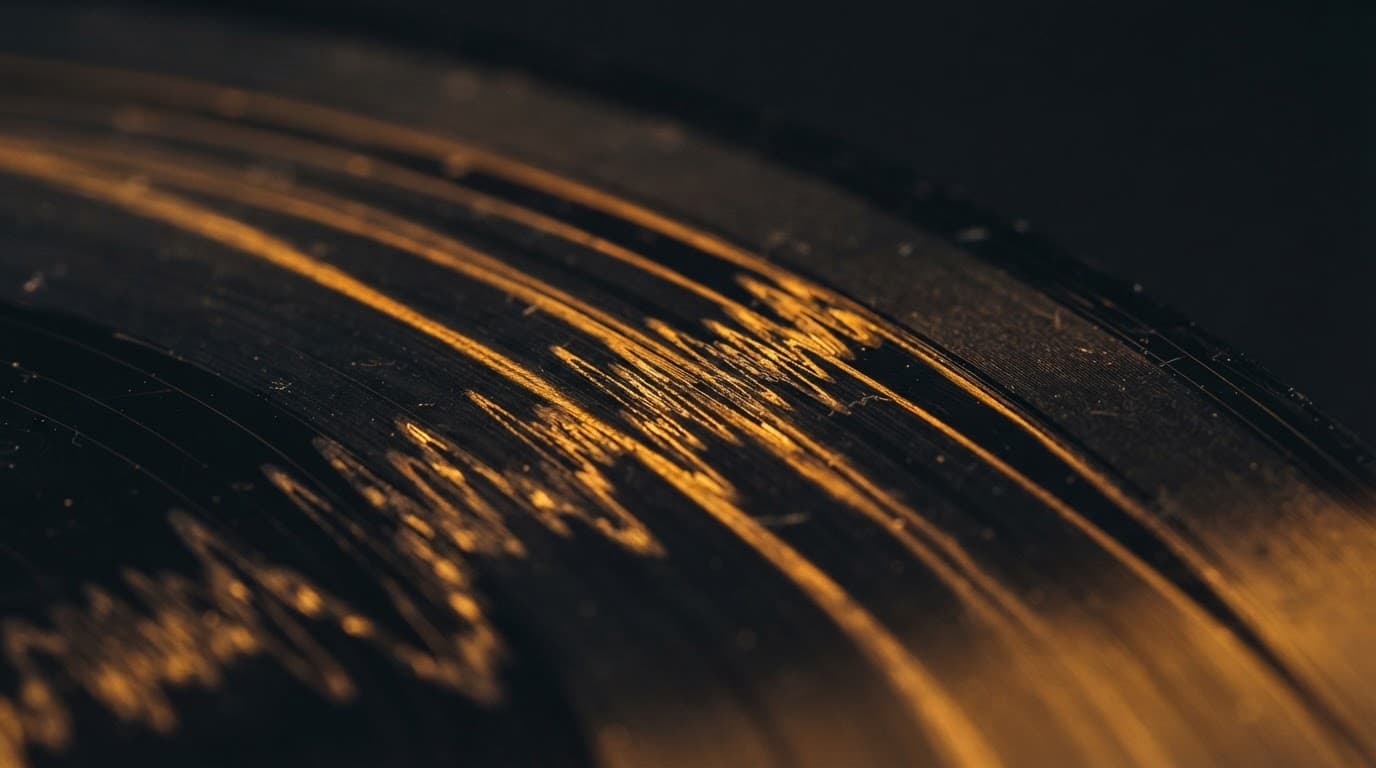 Macro extrême des sillons d'un vinyle noir sous lumière rasante ambrée
