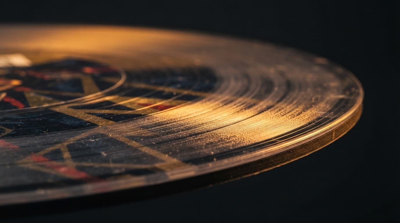 Macro d'un picture disc montrant la couche imprimée sous le PVC transparent avec les sillons