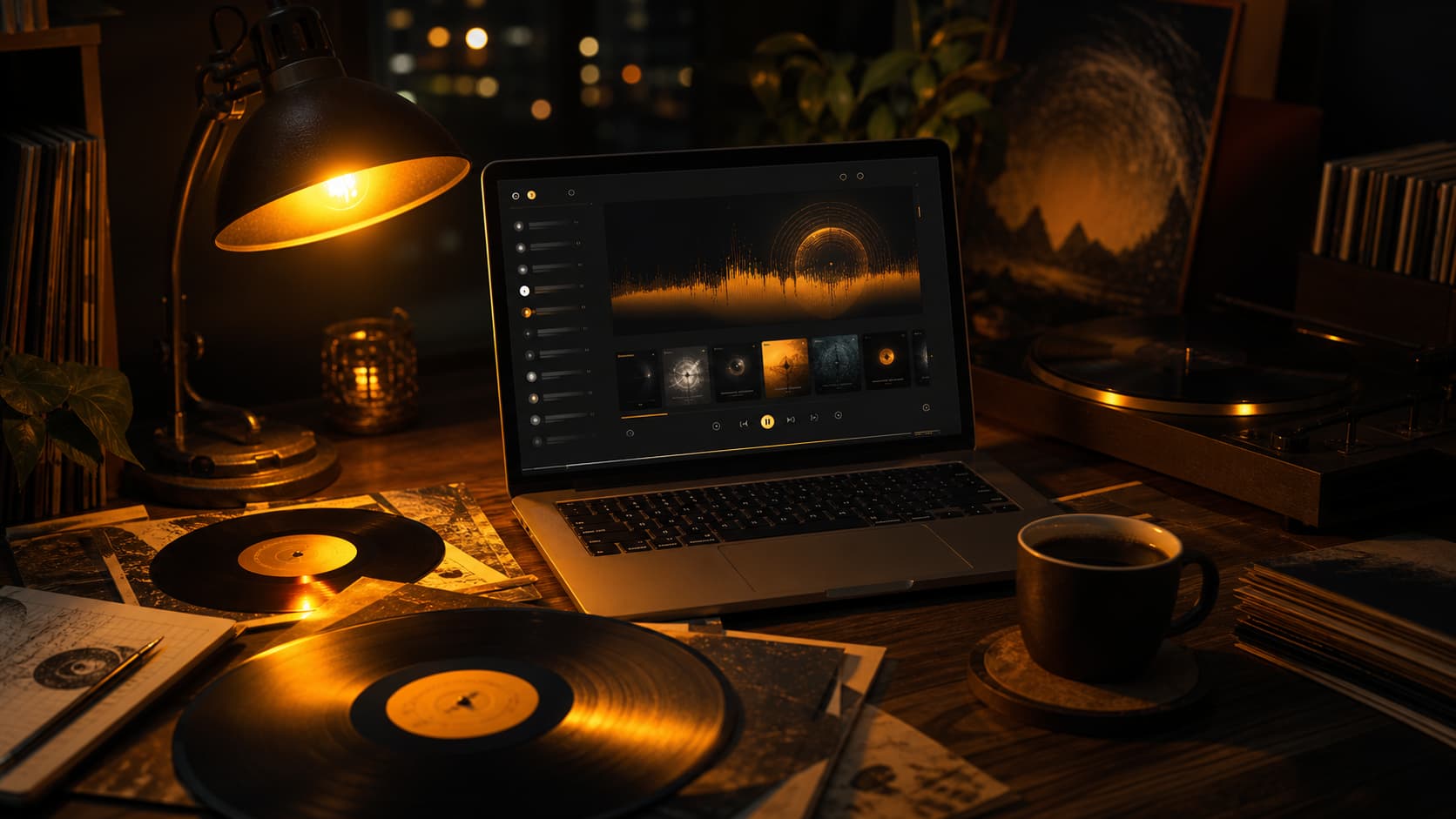 Ambiance nocturne avec laptop diffusant une webradio entouré de vinyles et d'une lampe ambrée