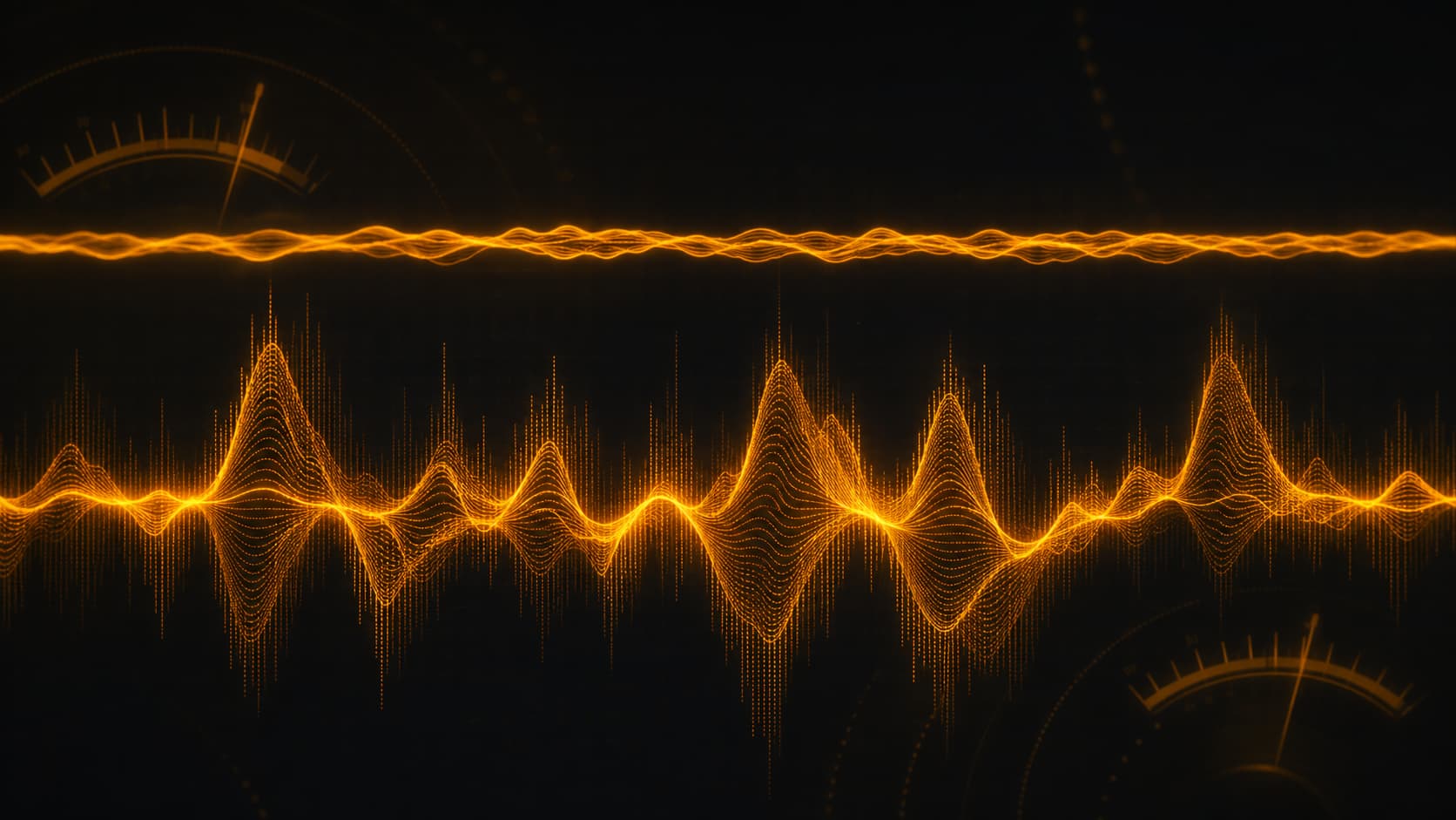 Ondes sonores ambrées sur fond anthracite illustrant la qualité audio