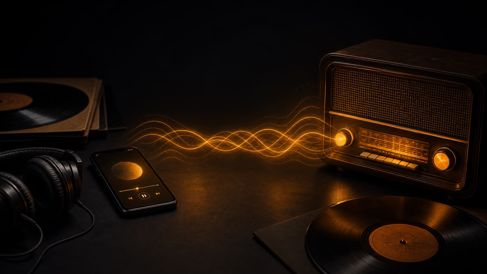 Smartphone et radio vintage côte à côte émettant des ondes ambrées entrelacées sur fond anthracite