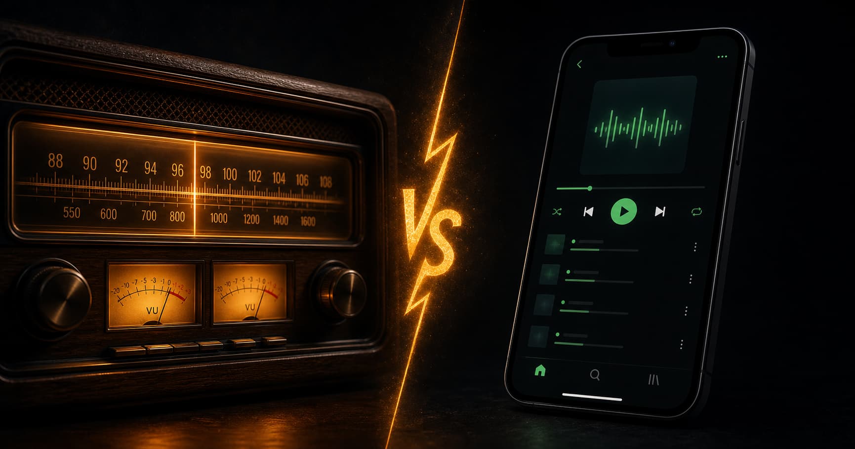 Écran divisé comparant une webradio vintage et une playlist streaming sur fond anthracite